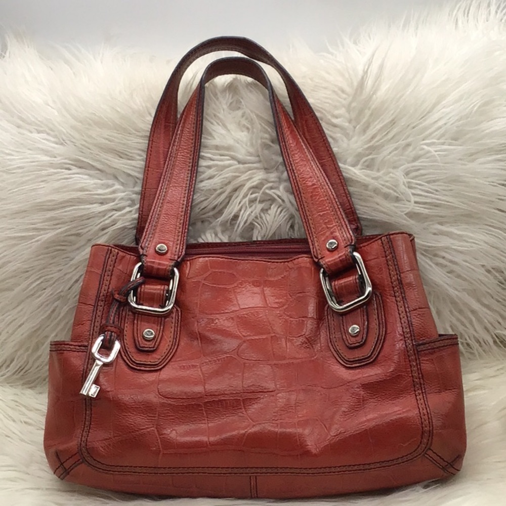 Fossil Croc-Embossed Red Leather Shoulder Bag